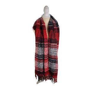 Steve Madden Plaid Blanket Scarf With Fringe Red Black White. Womens One Size